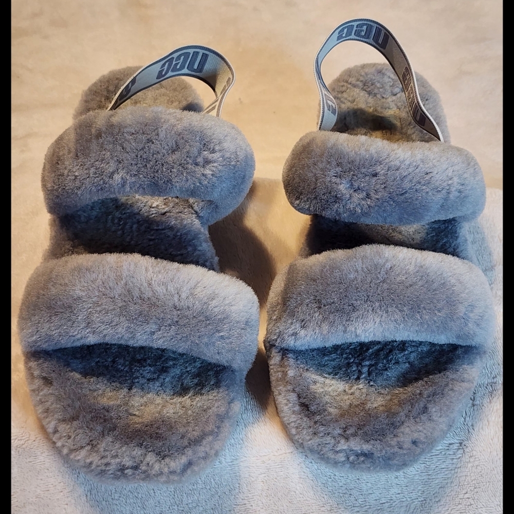 New UGG Oh Yeah Gray  Womens Fuzzy Slingback Slippers Size 11